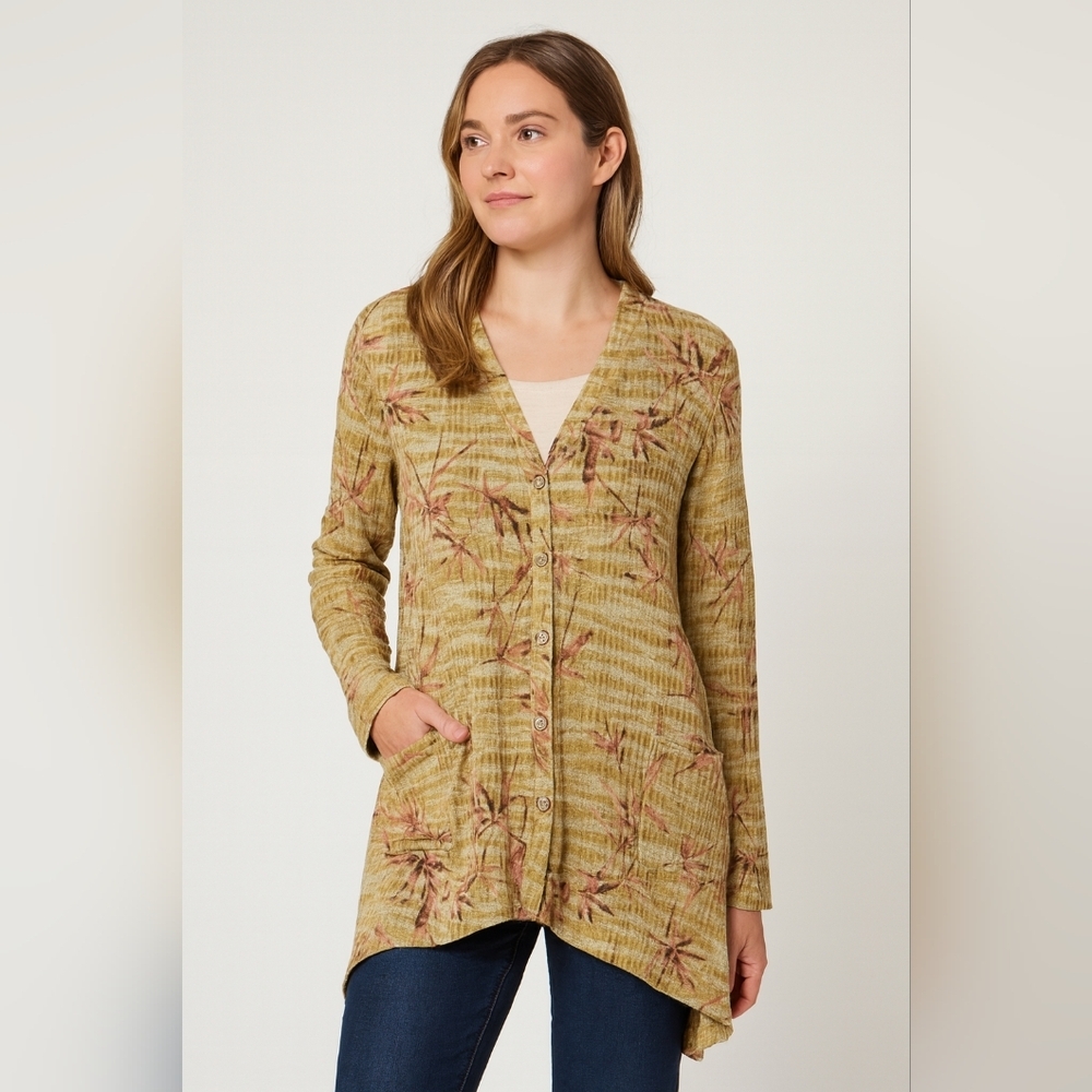 LOGO Lori Goldstein Green Orange Lagenlook Boho Forest Cardigan Size 3X